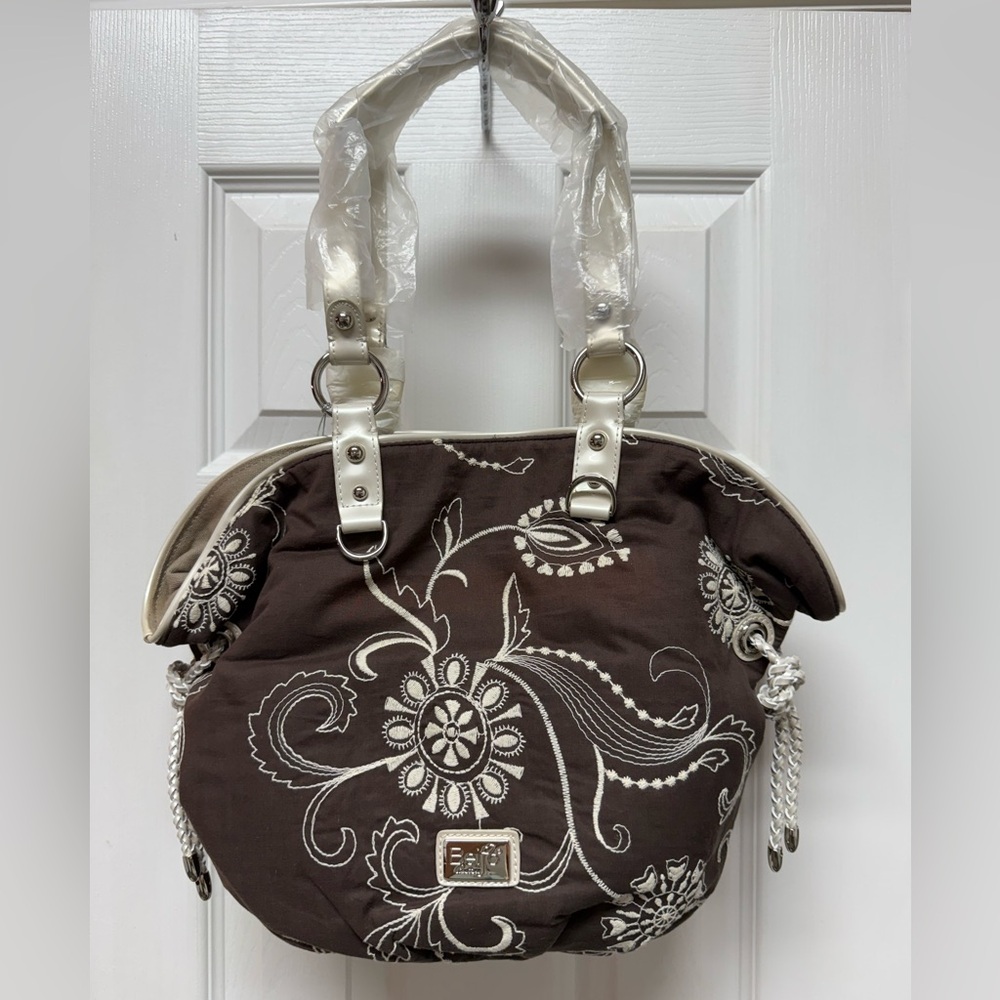 Beijo Brown and White Embroidered Shoulder Bag with Dust Cover